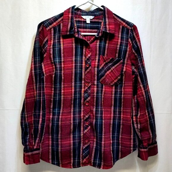 Time And Tru Plaid Button-Up Casual Shirt Long Sleeve Chest Pocket Size M (8-10) - Picture 1 of 6